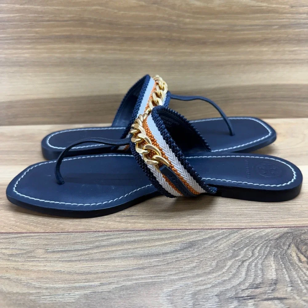 Tory Burch Benton Chain Flip Flops Womens 7 M Navy Blue Leather Gold Hardware